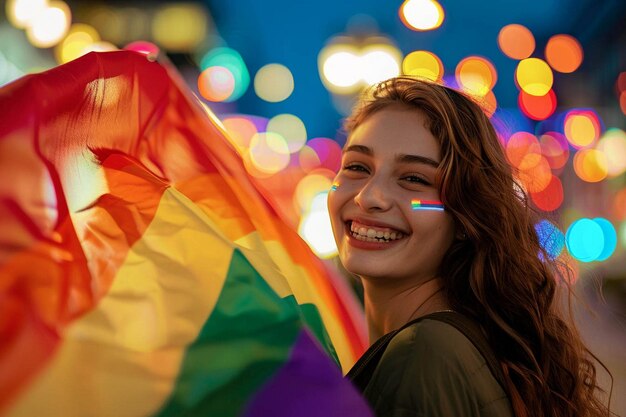 Photo a girl with a rainbow colored ribbon on her head smiles at the camera