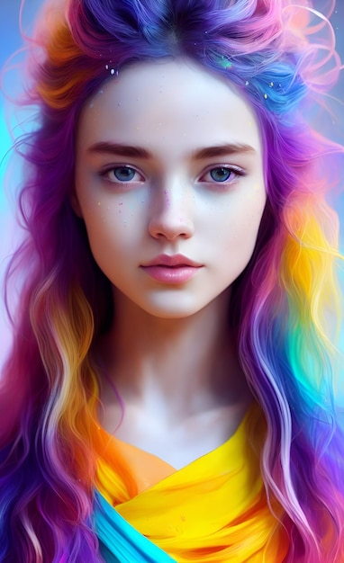 Girl with a rainbow hair on a blue background