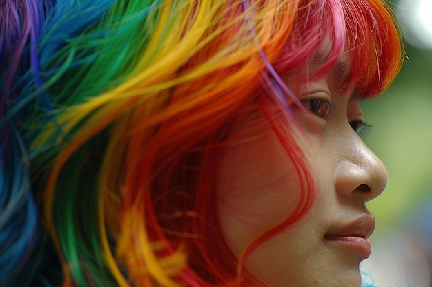 Photo a girl with a rainbow hair color on her face