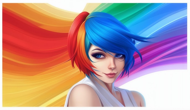 Photo a girl with a rainbow hair and a rainbow colored hair