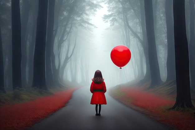 Girl with red baloon in misty landscape with fir forest in hipster vintage retro style ai generative