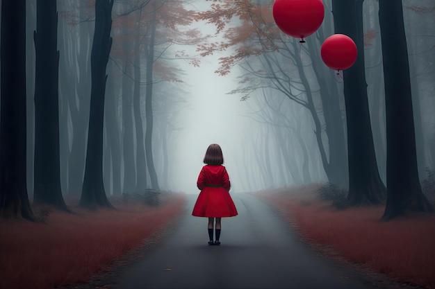 Girl with red baloon in misty landscape with fir forest in hipster vintage retro style ai generative