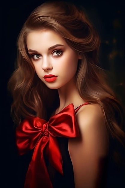 Girl with a red bow by person