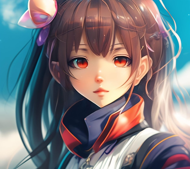 A girl with red eyes and a blue and white jacket with a blue and red ribbon around her neck.