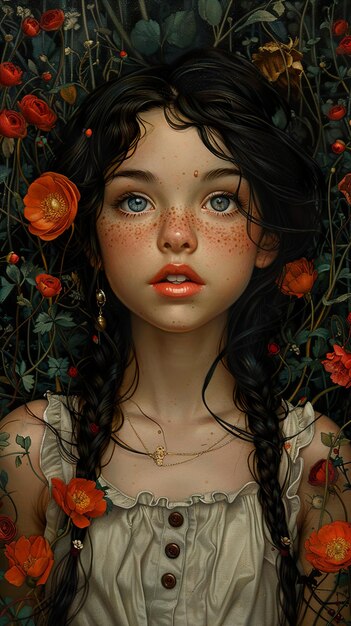 a girl with red eyes and a flower in the middle of her face