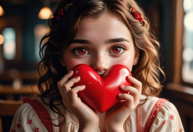 a girl with red eyes holds a heart shaped object