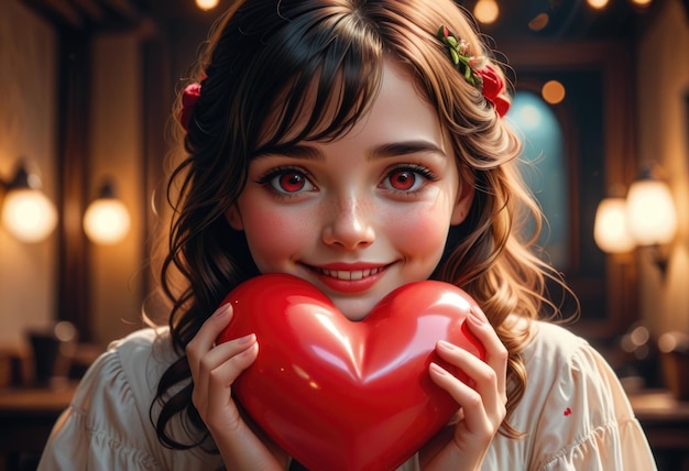 a girl with red eyes holds a heart shaped object