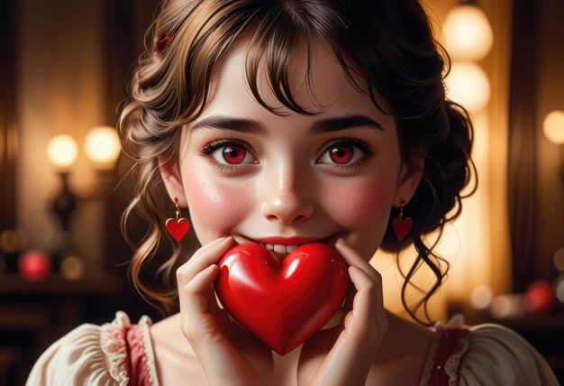 a girl with red eyes is holding an apple