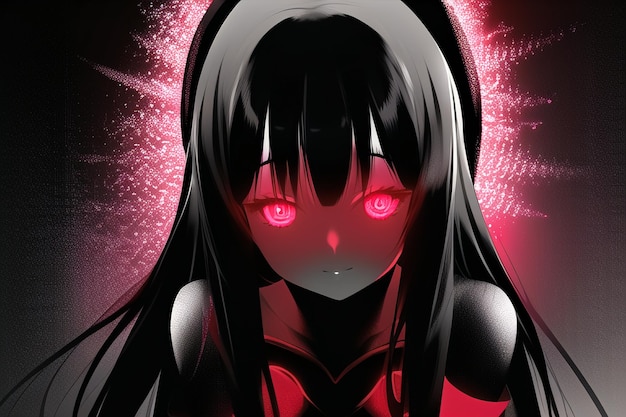 A girl with red eyes and a red background