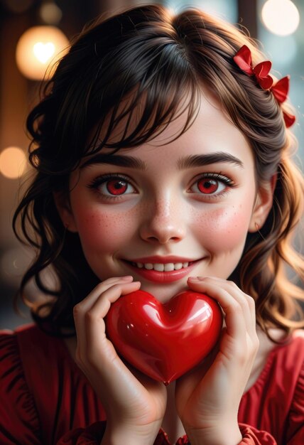 a girl with red eyes and a red heart in her hand