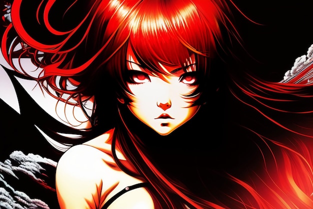 A girl with red hair and a black background