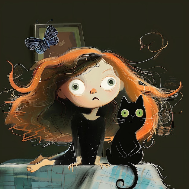 Photo girl with red hair and black cat sitting on a bed