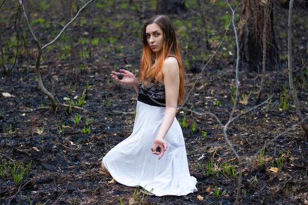 A girl with red hair in a black scorched forest a woman holds burnt fir cones in her hands problems of ecology and environmental protection