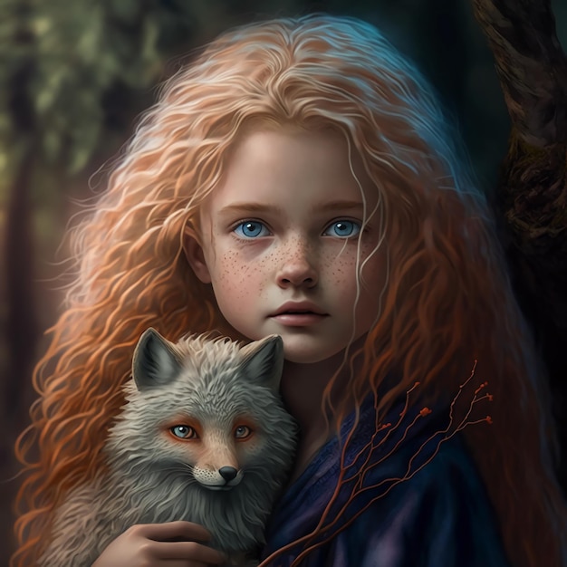 A girl with red hair and blue eyes holds a fox.