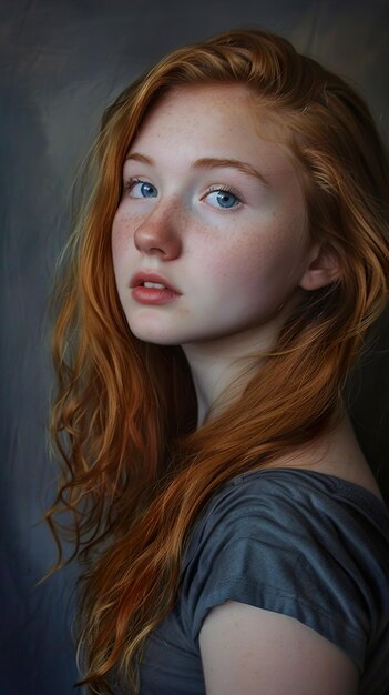 a girl with red hair and a blue eyes