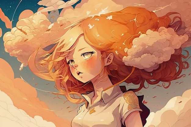 A girl with red hair and a cloud in the sky