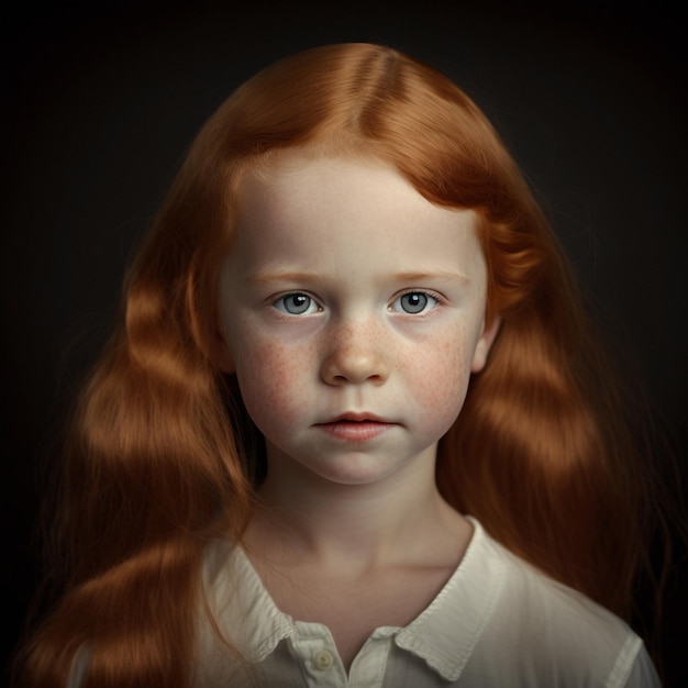 A girl with red hair and freckles is looking at the camera.