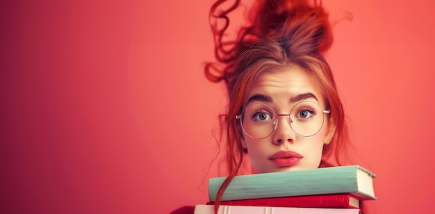 A girl with red hair and glasses is holding a stack of books Concept of studiousness and determination A librarian with glasses holding a stack of books looking knowledgeable on a bright background