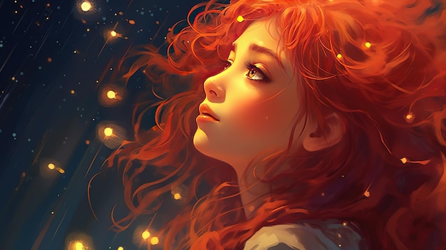 A girl with red hair and a glowing fireflies on her head