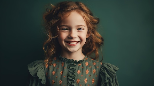 A girl with red hair and a green dress is smiling.