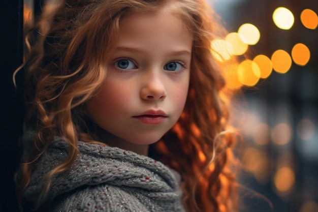 A girl with red hair and a grey sweater looks into the camera.