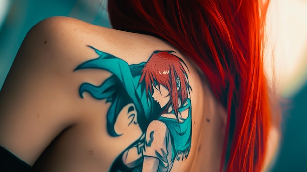 a girl with red hair has a tattoo of a girl with red hair