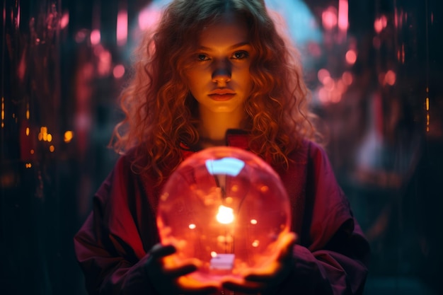 girl with red hair holding a glowing orb