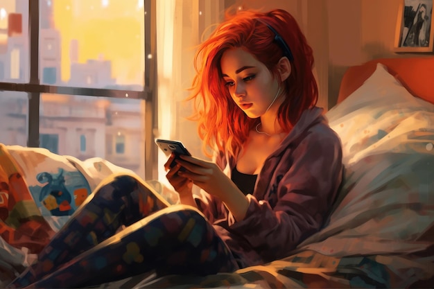 A girl with red hair is sitting on a bed and looking at her phone.