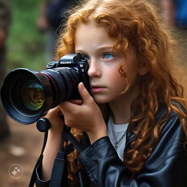 a girl with red hair is taking a picture with a camera