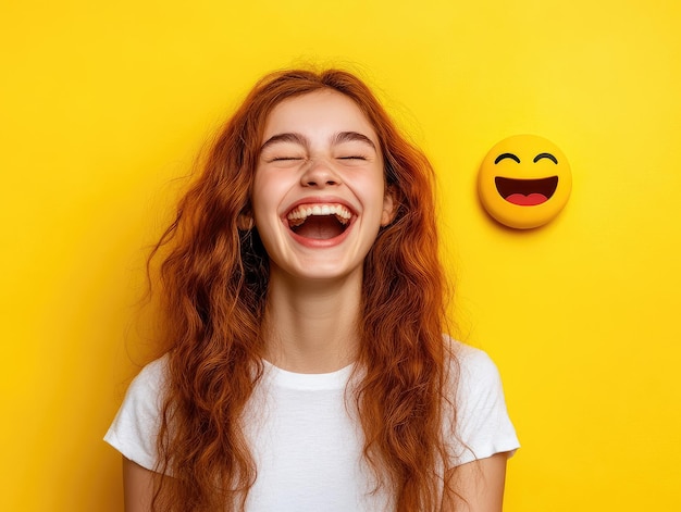 Photo a girl with red hair laughing and laughing