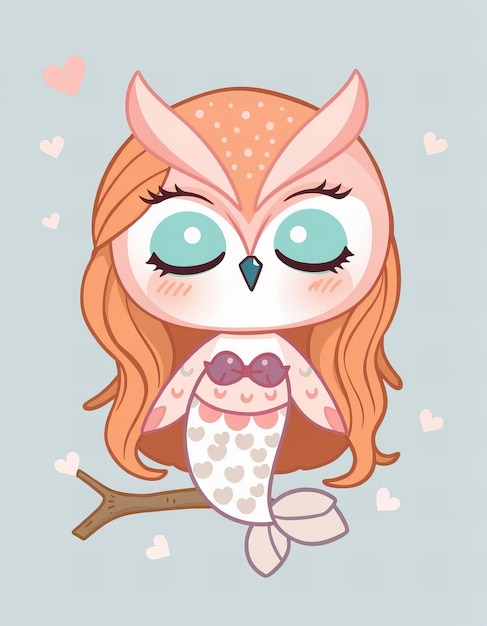 Photo a girl with red hair and a pink owl with a pink hair