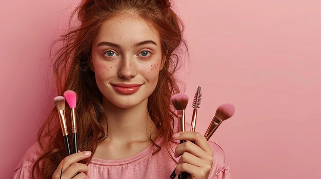 a girl with red hair and a pink shirt holding a brush