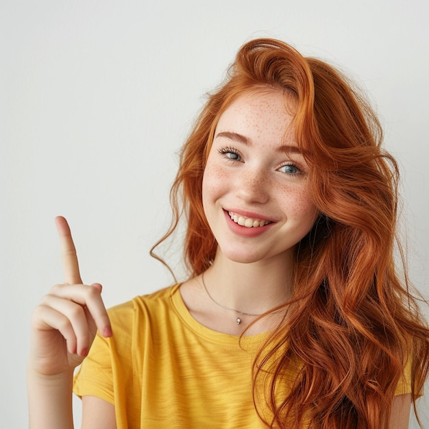 a girl with red hair pointing to the right with a yellow shirt that says  im pointing a finger