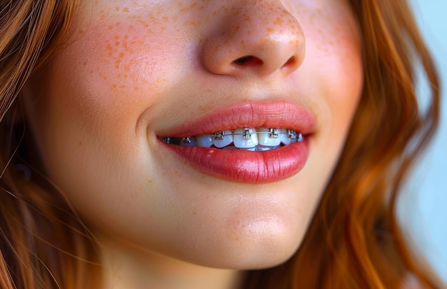 Girl with red hair shows her smile with braces on her teeth