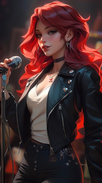 A girl with red hair singing into a microphone