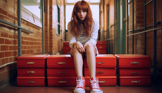 a girl with red hair sits on a red suitcase