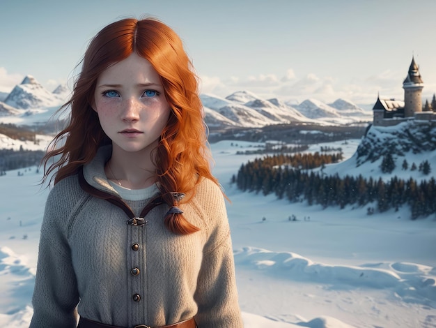 A girl with red hair stands in front of a snowy landscape.