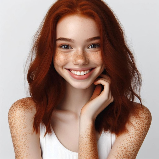 a girl with red hair and white polka dots is posing for a photo