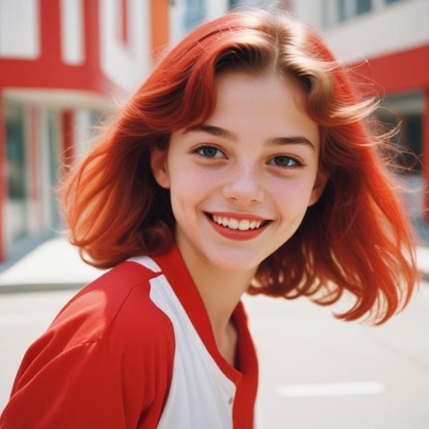 a girl with red hair and a white and red shirt with the word on it