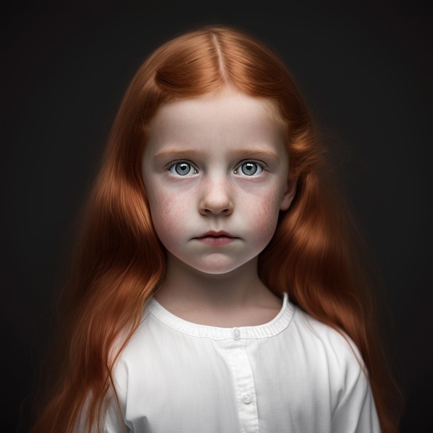 A girl with red hair and a white shirt is looking at the camera.