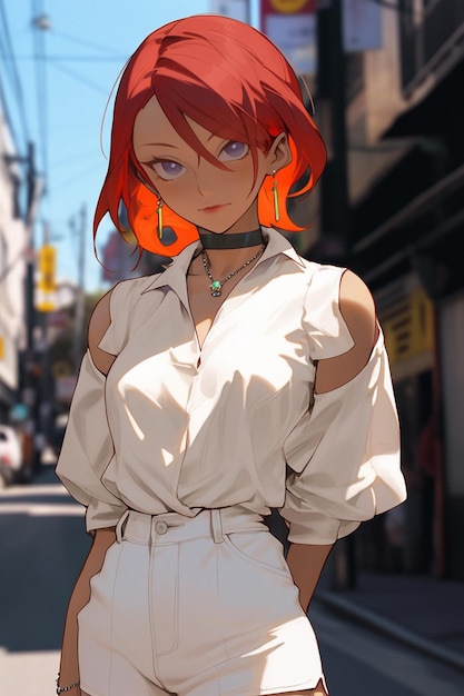 A girl with red hair and a white shirt