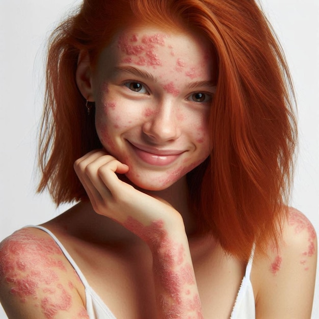 a girl with red hair and a white tank top has pink spots on it