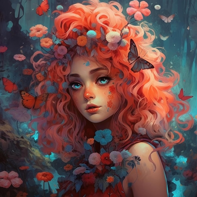 A girl with red hair and a wreath of butterflies on her head