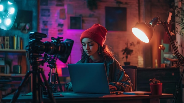 a girl with a red hat is working on a laptop with a camera on it