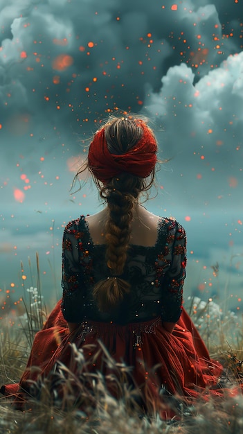 Photo a girl with a red headband is looking up at the sky