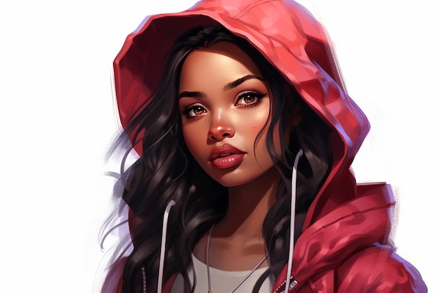 a girl with a red hoodie on a white background