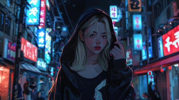 a girl with a red lips stands in front of a neon sign that says  anime