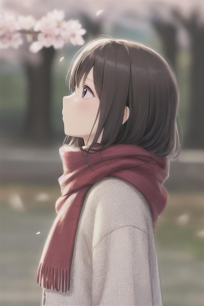 A girl with a red scarf looks at the sky