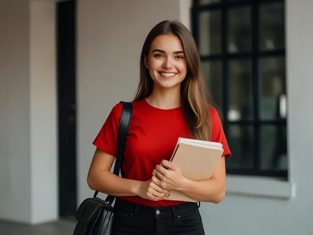 a girl with a red shirt and black pants is holding a book