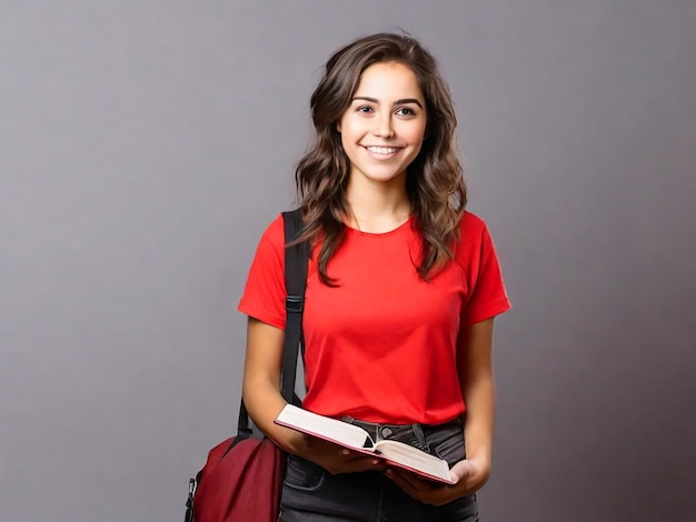 a girl with a red shirt and black pants is holding a book